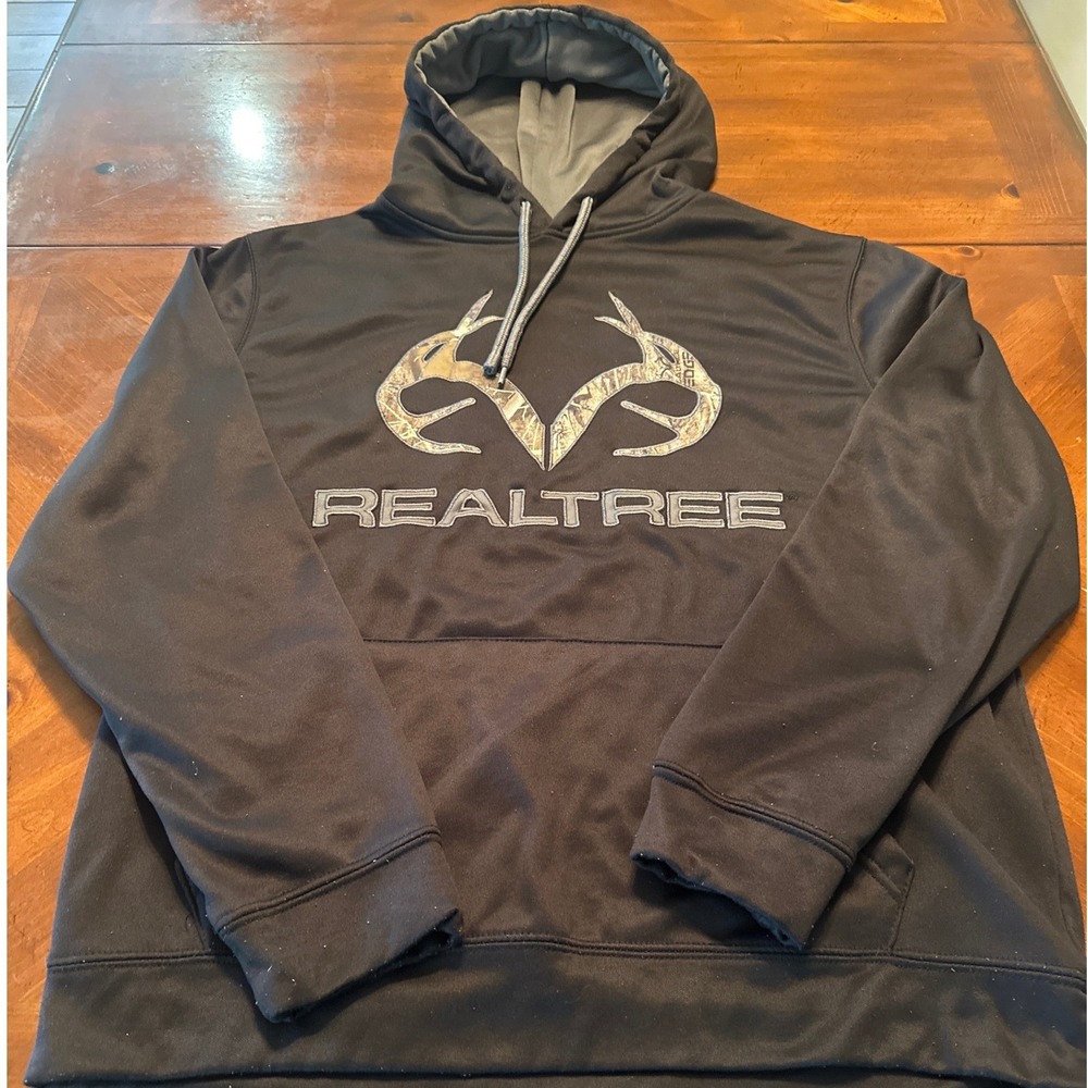 Realtree Hoodie Mens Large Black Excellent Camo Antler Logo Performance Pullover